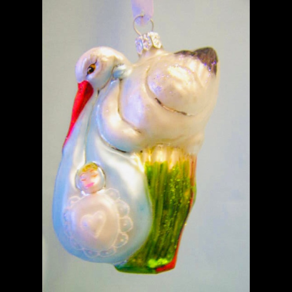 Stork glass Christmas ornament blue boy baby shower nursery